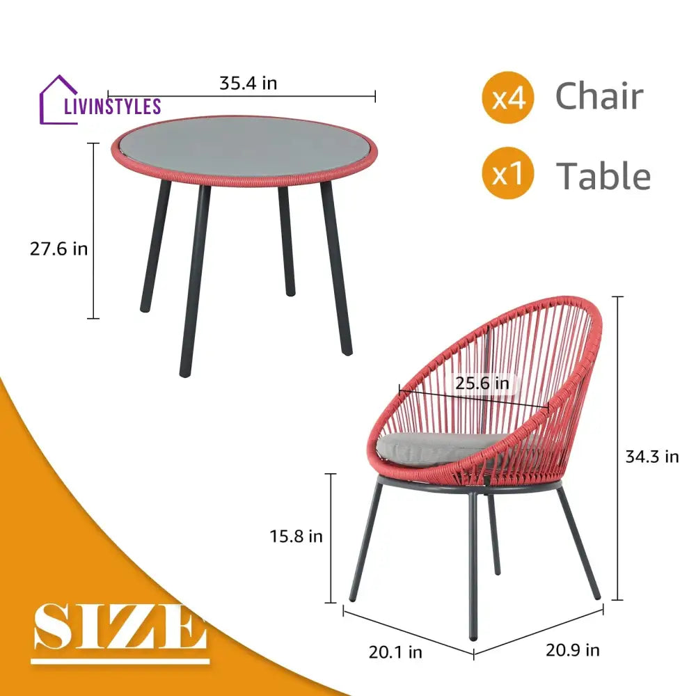 Swoosh Patio Seating Set 4 Chairs and 1 Table Set (Light Red) - Coffee Table Sets