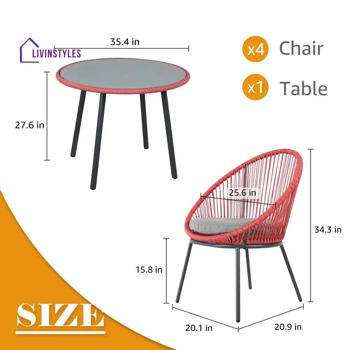 Swoosh Patio Seating Set 4 Chairs and 1 Table Set (Light Red) - Coffee Table Sets