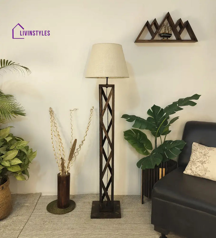 Symmetric Wooden Floor Lamp With Brown Base And Beige Fabric Lampshade Lamps