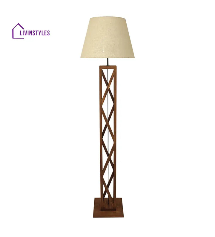 Symmetric Wooden Floor Lamp With Brown Base And Beige Fabric Lampshade Lamps