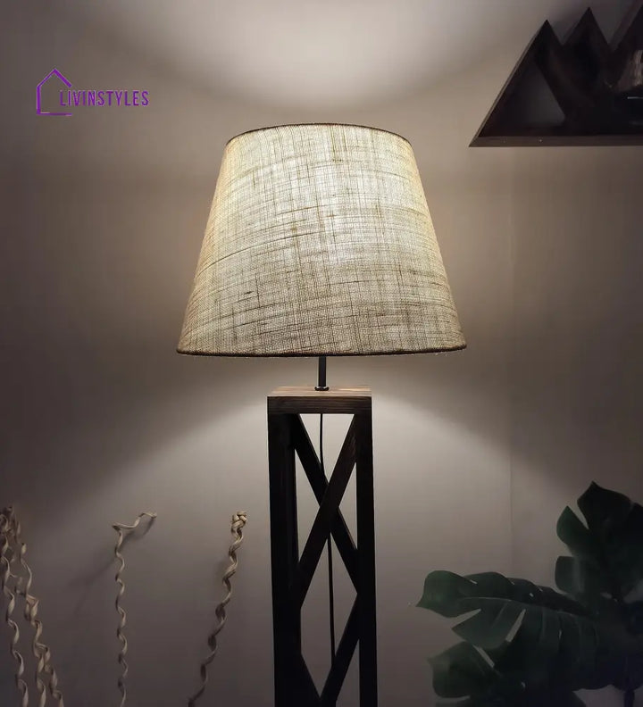 Symmetric Wooden Floor Lamp With Brown Base And Beige Fabric Lampshade Lamps