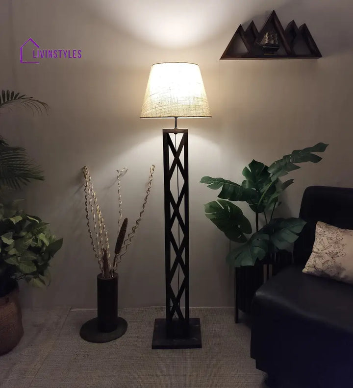 Symmetric Wooden Floor Lamp With Brown Base And Beige Fabric Lampshade Lamps