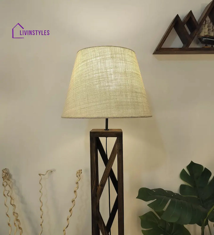 Symmetric Wooden Floor Lamp With Brown Base And Beige Fabric Lampshade Lamps