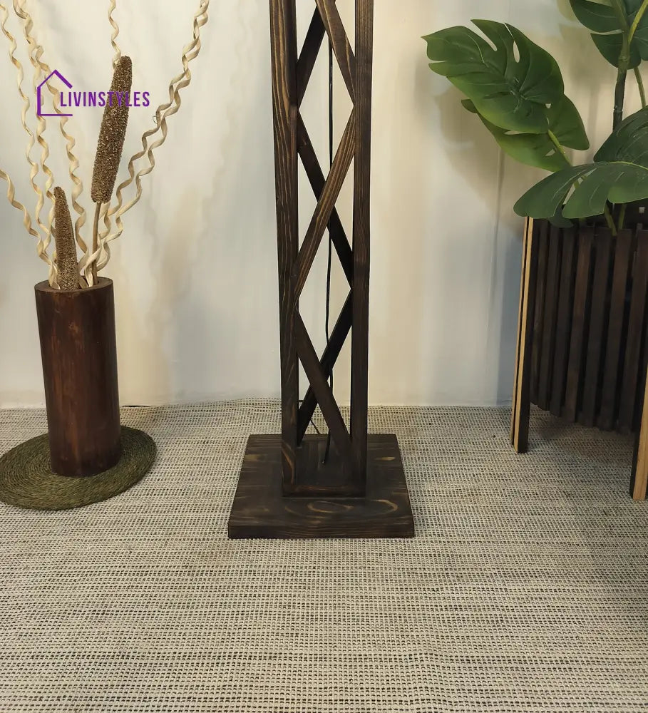 Symmetric Wooden Floor Lamp With Brown Base And Beige Fabric Lampshade Lamps