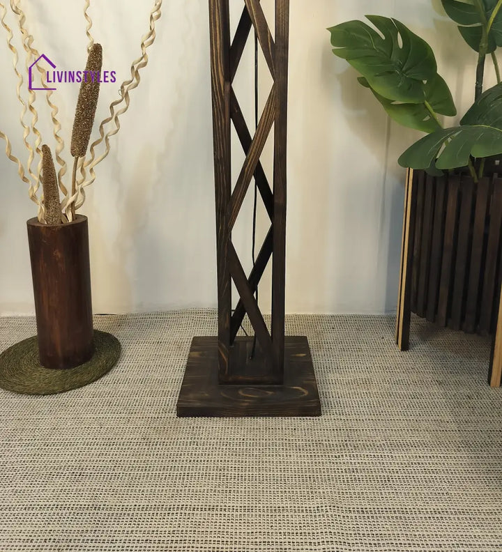 Symmetric Wooden Floor Lamp With Brown Base And Beige Fabric Lampshade Lamps