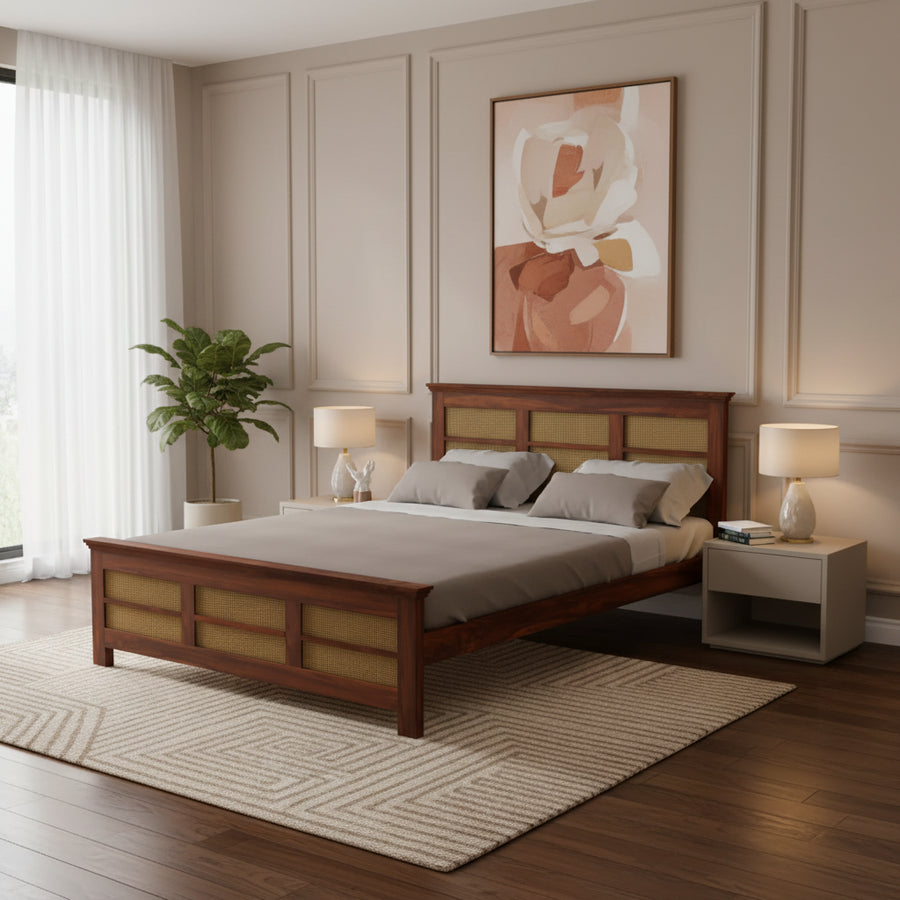 Syrus Solid Sheesham Wood Cane Bed - 1 Year Warranty