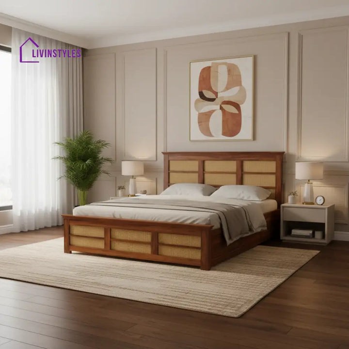 Syrus Solid Sheesham Wood Cane Bed With Box Storage - 1 Year Warranty