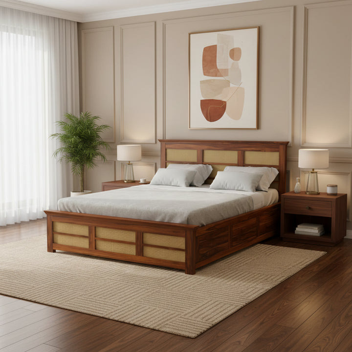 Syrus Solid Sheesham Wood Cane Bed With Hydraulic Storage - 1 Year Warranty