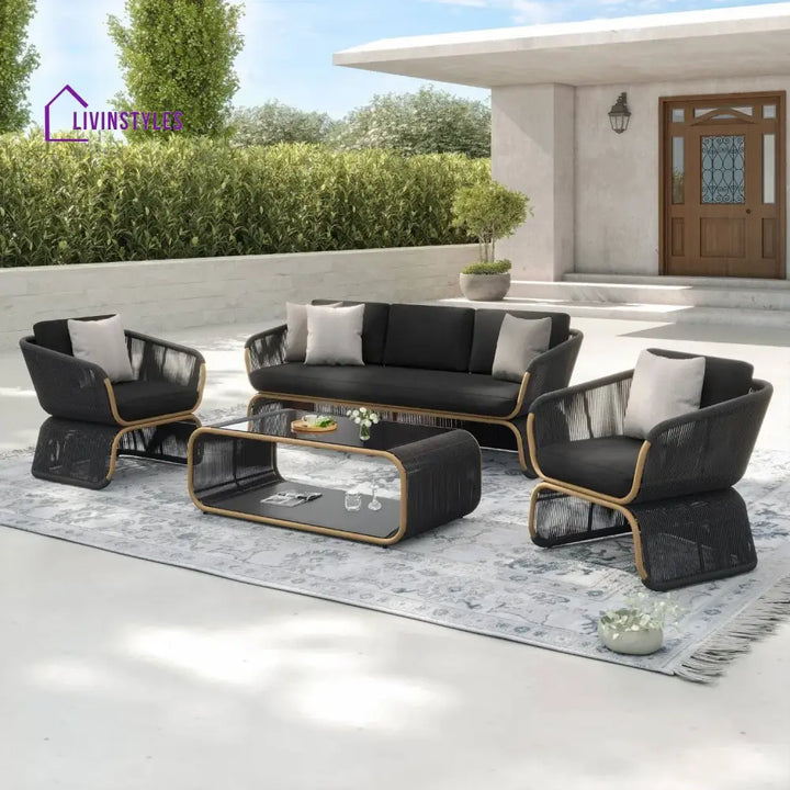 Taima Outdoor Braided Rope Sofa Set With 2-Tier Glass Top Table - Sofa Set