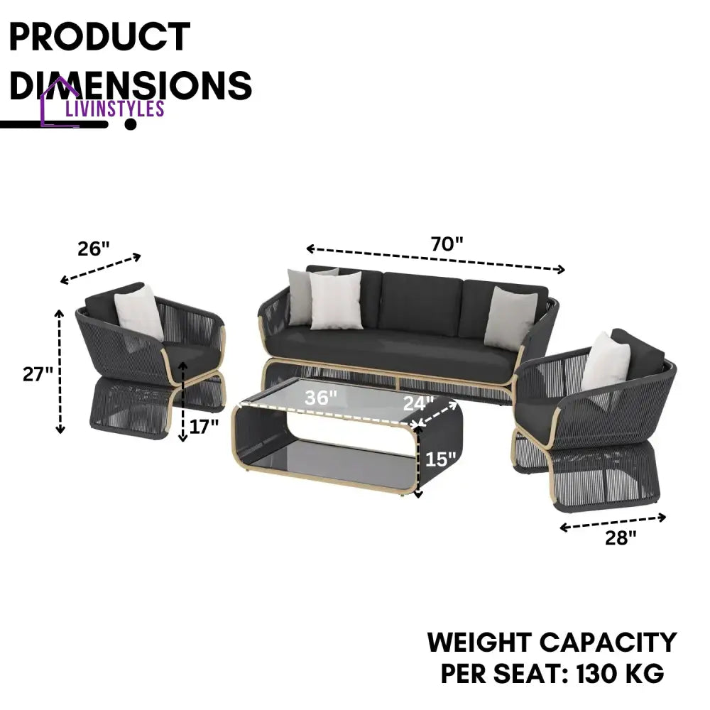 Taima Outdoor Braided Rope Sofa Set With 2-Tier Glass Top Table - Sofa Set
