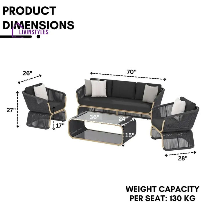 Taima Outdoor Braided Rope Sofa Set With 2-Tier Glass Top Table - Sofa Set