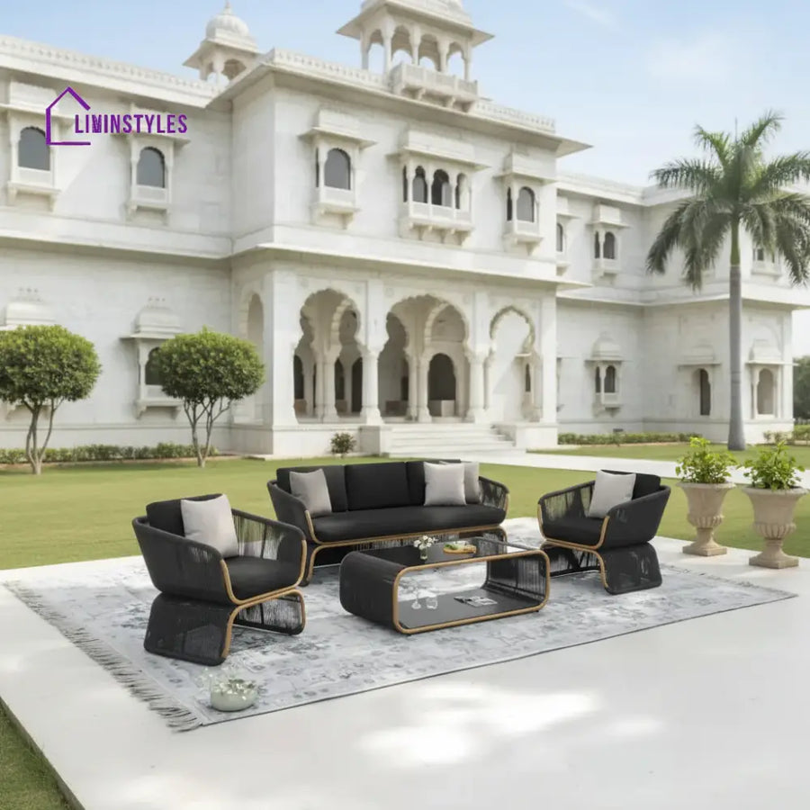 Taima Outdoor Braided Rope Sofa Set With 2-Tier Glass Top Table - Sofa Set