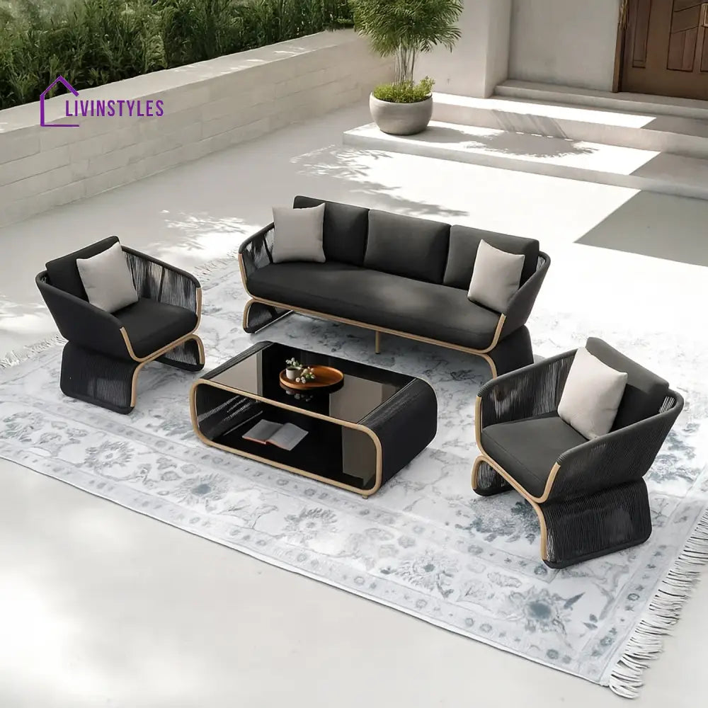 Taima Outdoor Braided Rope Sofa Set With 2-Tier Glass Top Table - Sofa Set