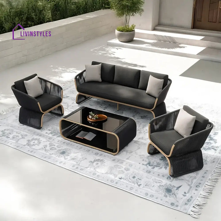 Taima Outdoor Braided Rope Sofa Set With 2-Tier Glass Top Table - Sofa Set