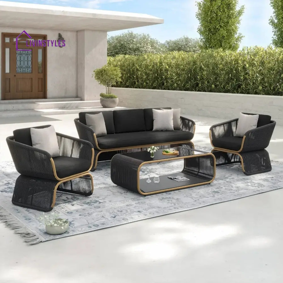 Taima Outdoor Braided Rope Sofa Set With 2-Tier Glass Top Table - Sofa Set