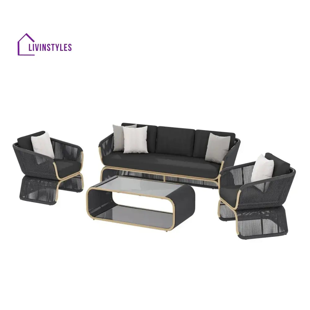Taima Outdoor Braided Rope Sofa Set With 2-Tier Glass Top Table - Sofa Set