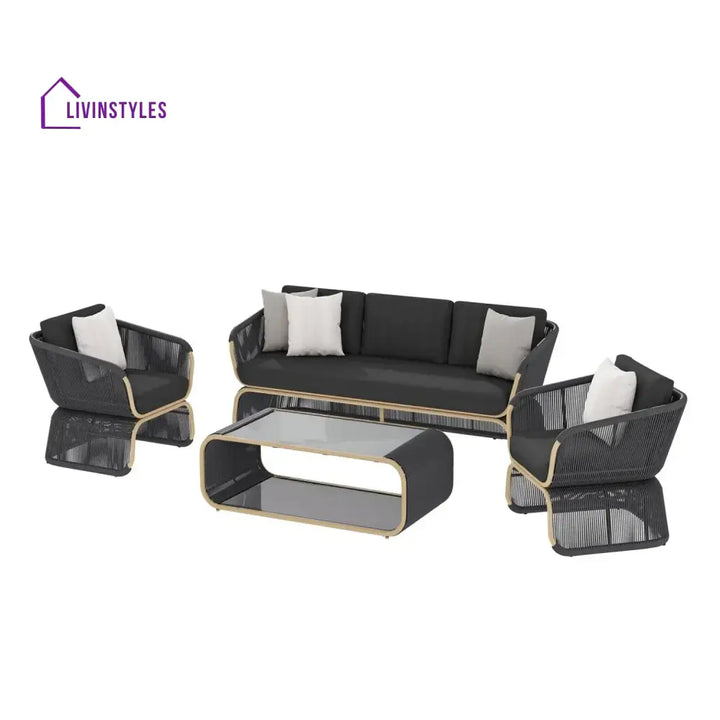 Taima Outdoor Braided Rope Sofa Set With 2-Tier Glass Top Table - Sofa Set