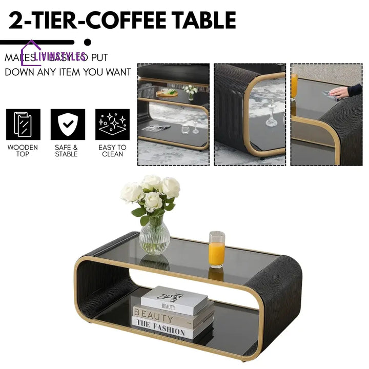 Taima Outdoor Braided Rope Sofa Set With 2-Tier Glass Top Table - Sofa Set