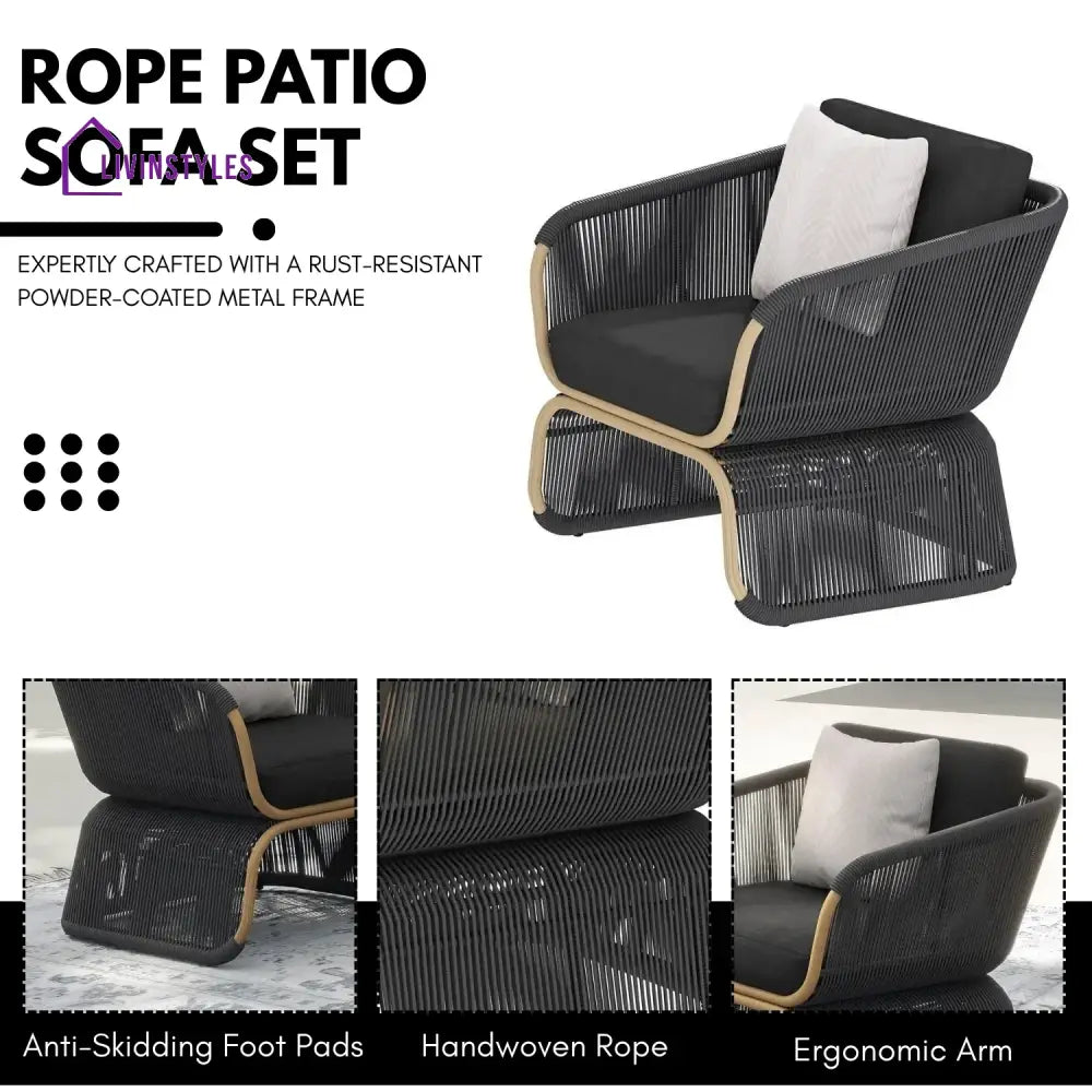 Taima Outdoor Braided Rope Sofa Set With 2-Tier Glass Top Table - Sofa Set