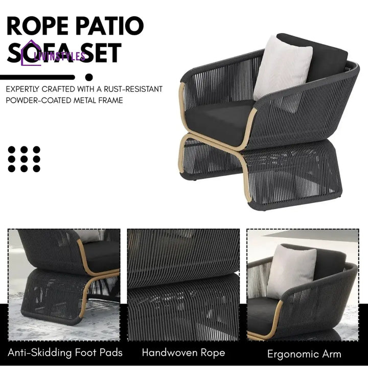 Taima Outdoor Braided Rope Sofa Set With 2-Tier Glass Top Table - Sofa Set