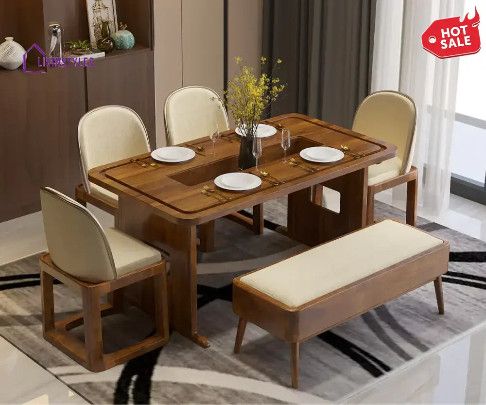Vornax Dining Table with Bench and 4 Chairs - Dark Brown Finish