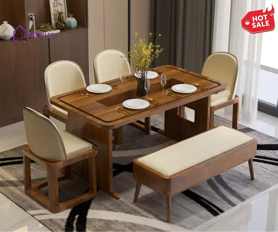 Vornax Dining Table with Bench and 4 Chairs - Dark Brown Finish