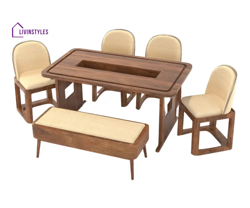 Vornax Dining Table with Bench and 4 Chairs - Clay Brown Finish