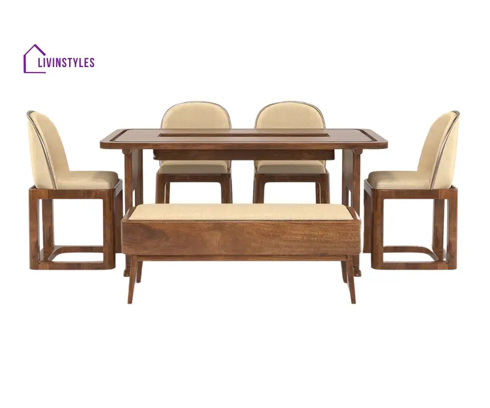 Vornax Dining Table with Bench and 4 Chairs - Honey Finish