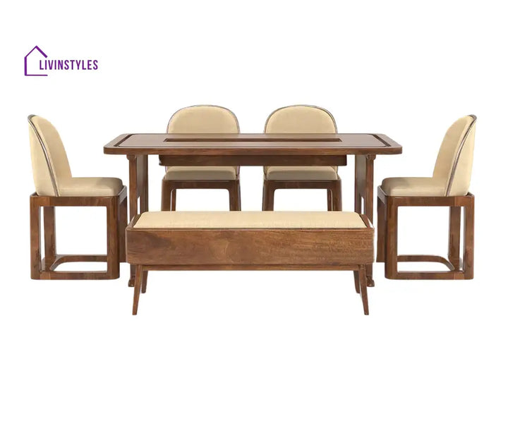 Vornax Dining Table with Bench and 4 Chairs - Honey Finish