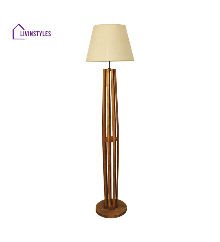 Tall Boy Wooden Floor Lamp With Brown Base And Beige Fabric Lampshade Lamps