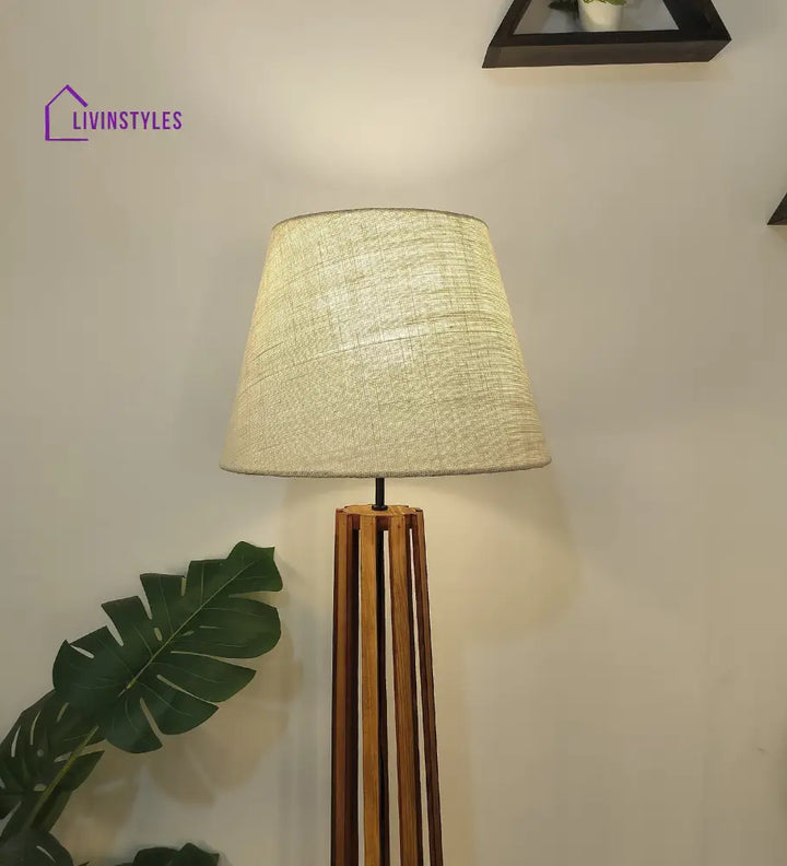 Tall Boy Wooden Floor Lamp With Brown Base And Beige Fabric Lampshade Lamps