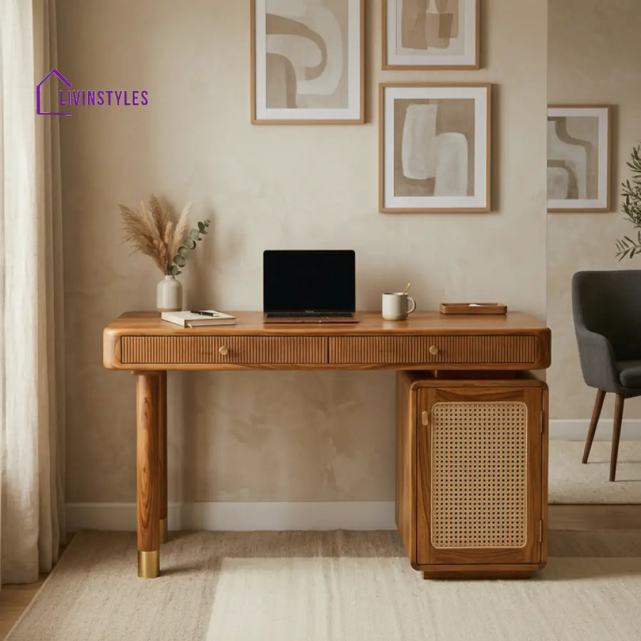 Tam Modern Designer Sheesham Wood Study Table with Cane Accents & Drawer Storage