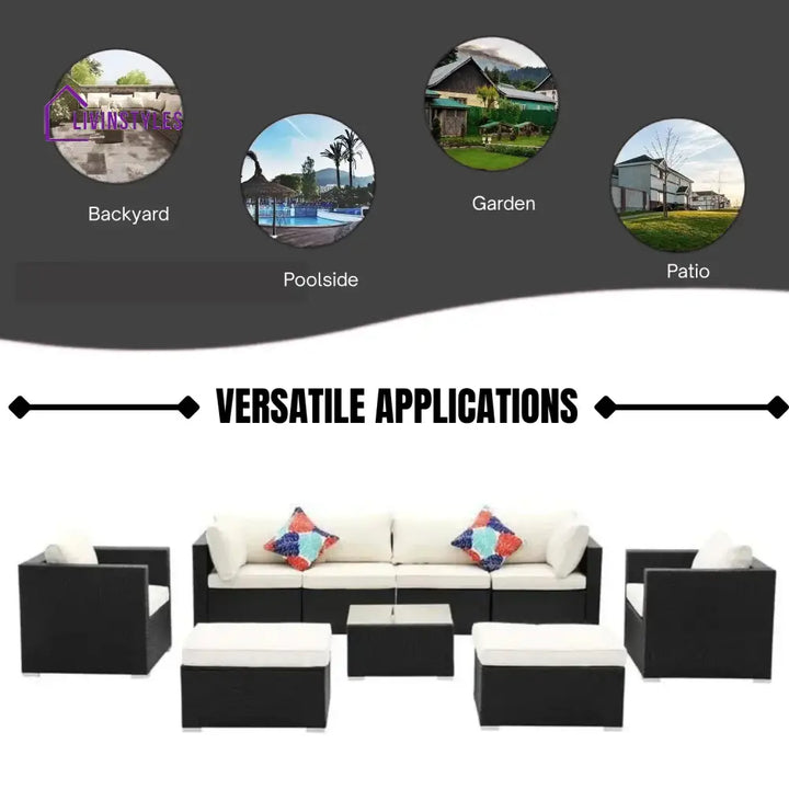 Tamara 6-Piece Outdoor Conversation Set (Black/Off-White) - Sofa Set