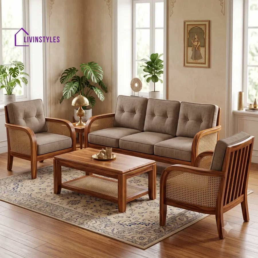 Tamilselvi Wooden Sofa Set | 3 + 1 + 1 Sheesham Wood Sofa Set for Living Room