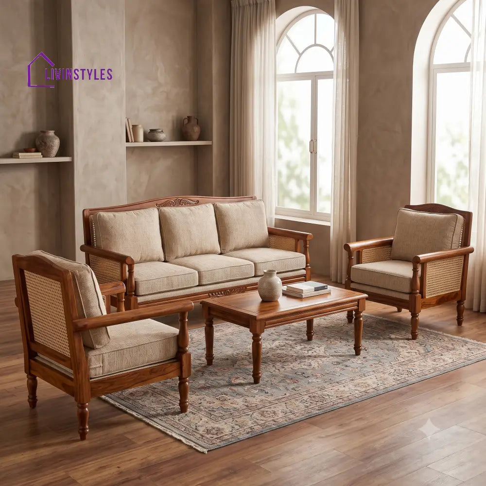 Tamizhselvi Wooden Sofa Set | 3 + 1 + 1 Sheesham Wood Sofa Set for Living Room