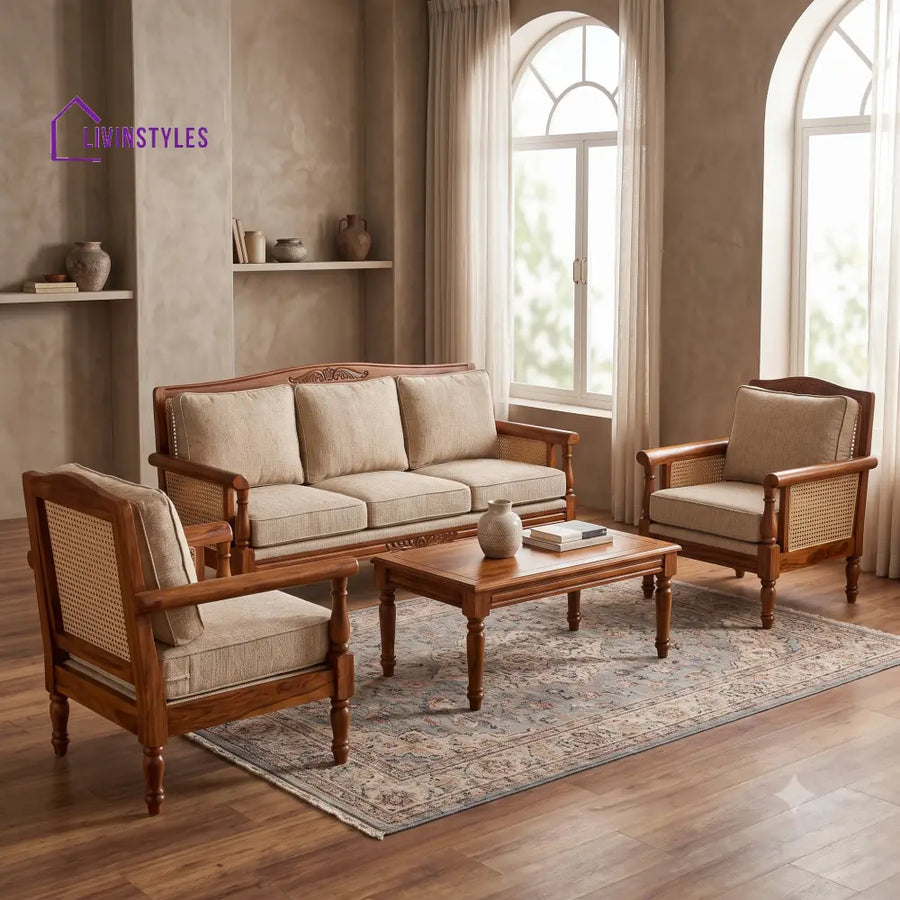 Tamizhselvi Wooden Sofa Set | 3 + 1 + 1 Sheesham Wood Sofa Set for Living Room