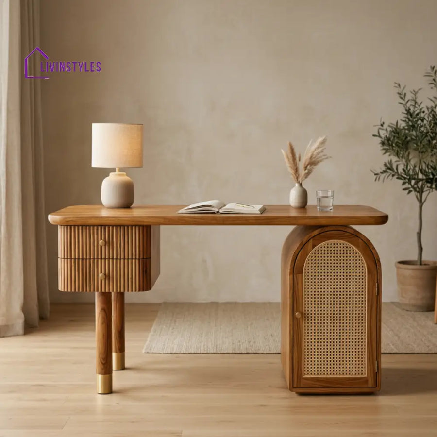 Tan Modern Designer Sheesham Wood Study Table with Cane Accents & Drawer Storage