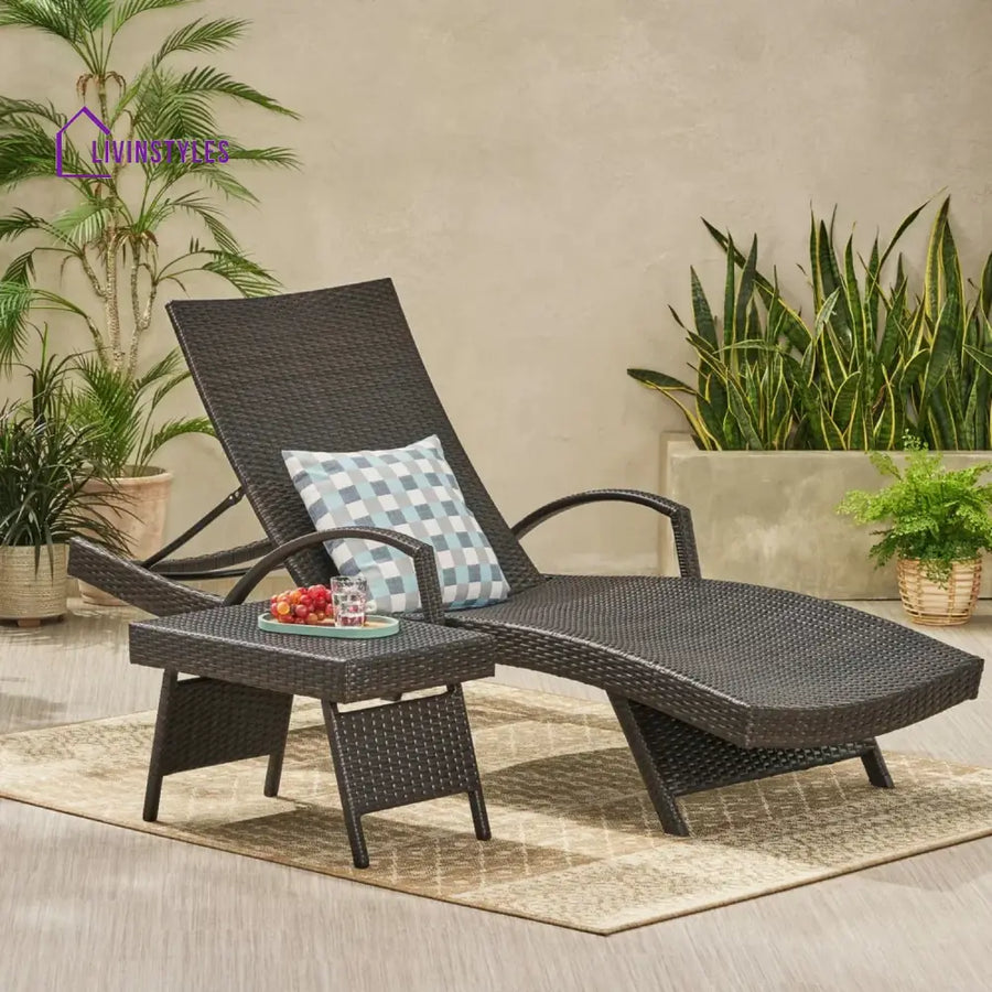 Tanirika Outdoor All-Weather HDPE Wicker Rattan Sunlounger Recliner with Side Table - Lounger Set