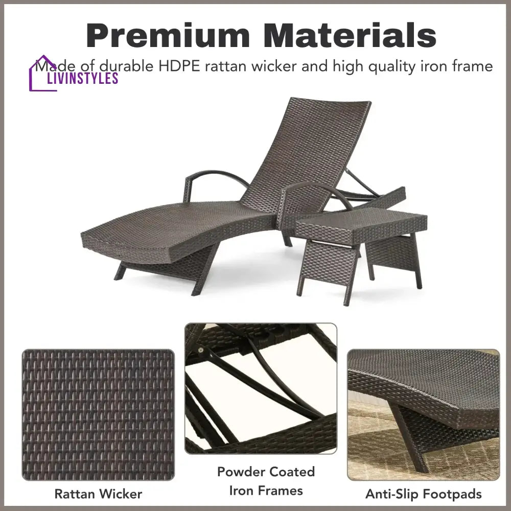 Tanirika Outdoor All-Weather HDPE Wicker Rattan Sunlounger Recliner with Side Table - Lounger Set