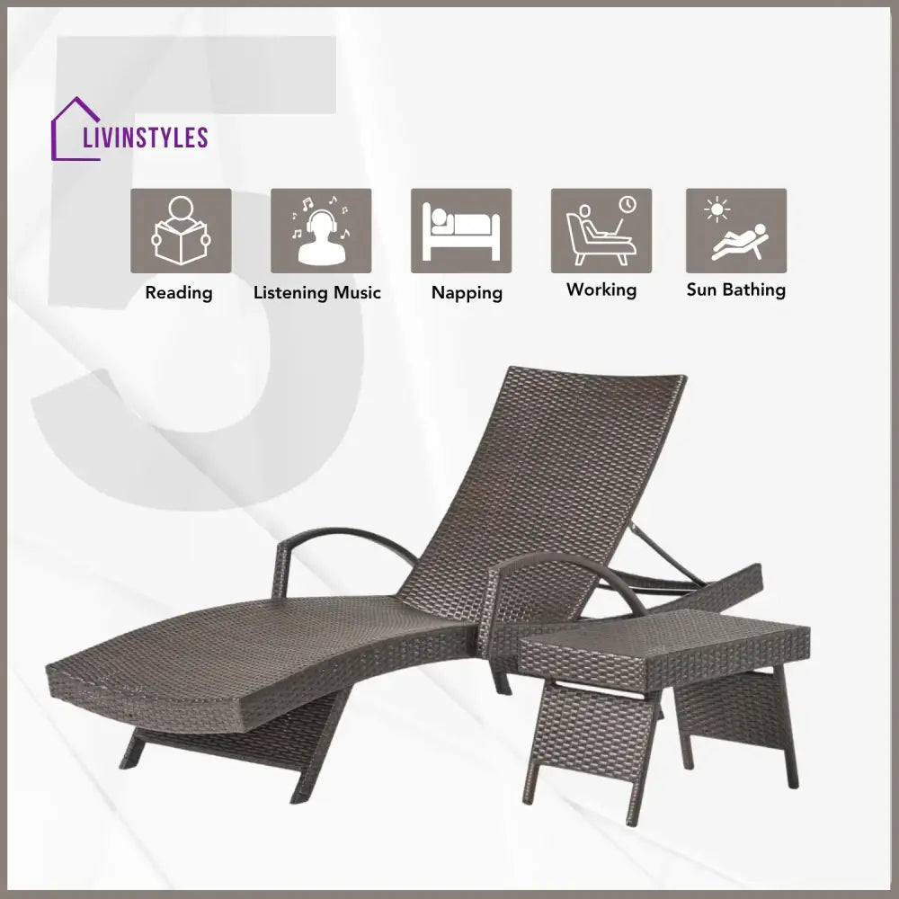 Tanirika Outdoor All-Weather HDPE Wicker Rattan Sunlounger Recliner with Side Table - Lounger Set