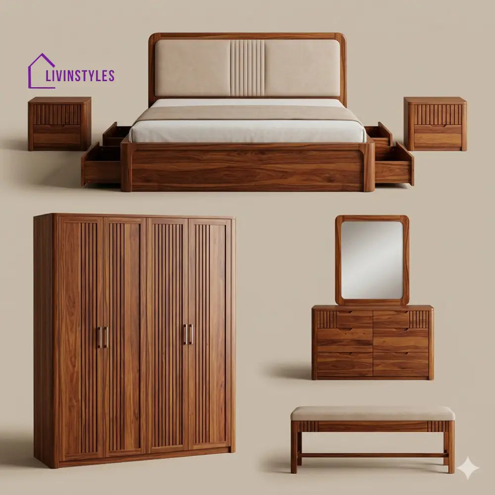 Tanvi Solid Sheesham Wood Bedroom Set with Bed Bedside Tables Bench Wardrobe & Dresser