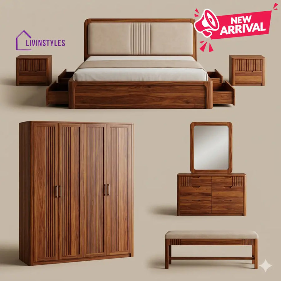 Tanvi Solid Sheesham Wood Bedroom Set with Bed Bedside Tables Bench Wardrobe & Dresser