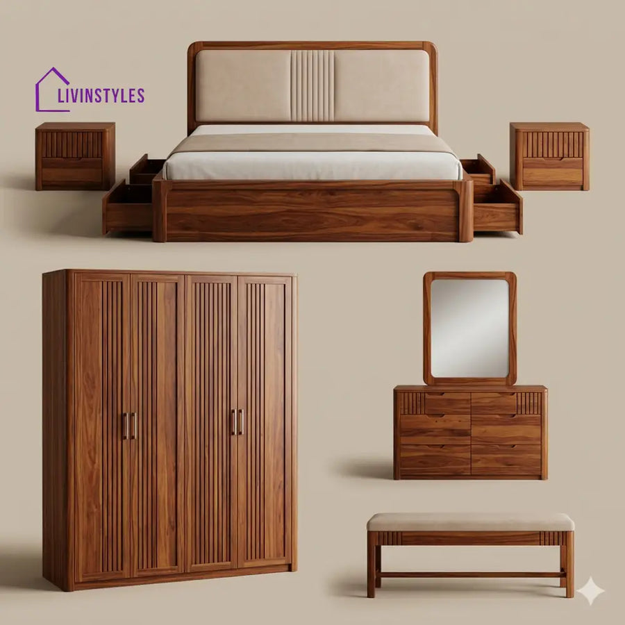 Tanvi Solid Sheesham Wood Bedroom Set with Bed Bedside Tables Bench Wardrobe & Dresser