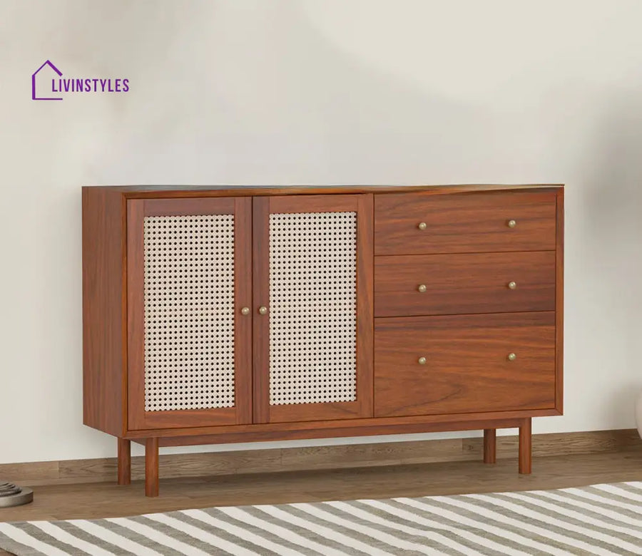 Tanya Solid Wood Acacia Cane Cabinet And Sideboard (Honey Finish)