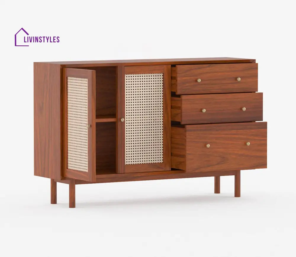 Tanya Solid Wood Acacia Cane Cabinet And Sideboard (Honey Finish)