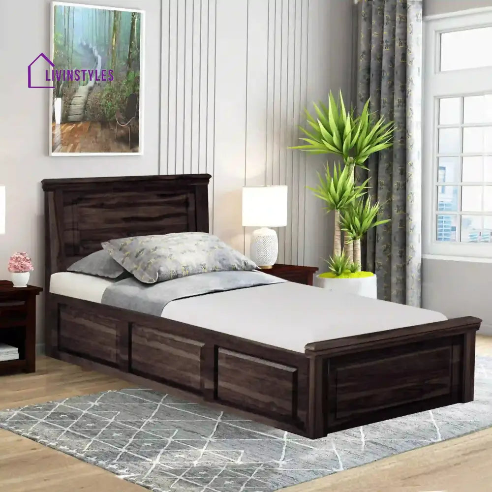 Kanishka Solid Wood Single Bed With Box Storage Walnut Bedroom Furniture Sets