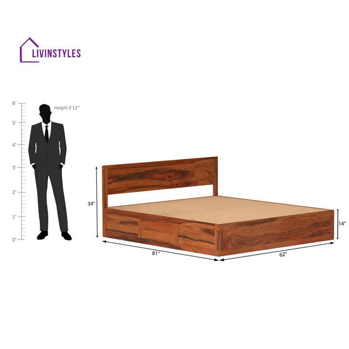 Taras Sheesham Wood bed with Box Storage in Honey Color