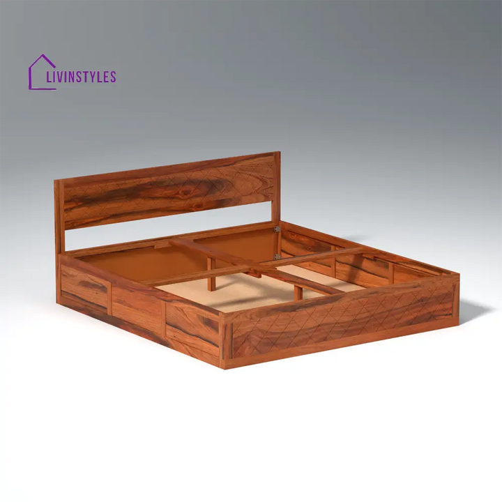 Taras Sheesham Wood bed with Box Storage in Honey Color