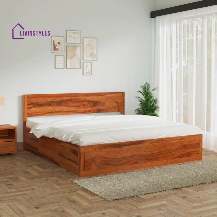 Taras Sheesham Wood bed with Box Storage in Honey Color King (78 L x 72 W Inch)