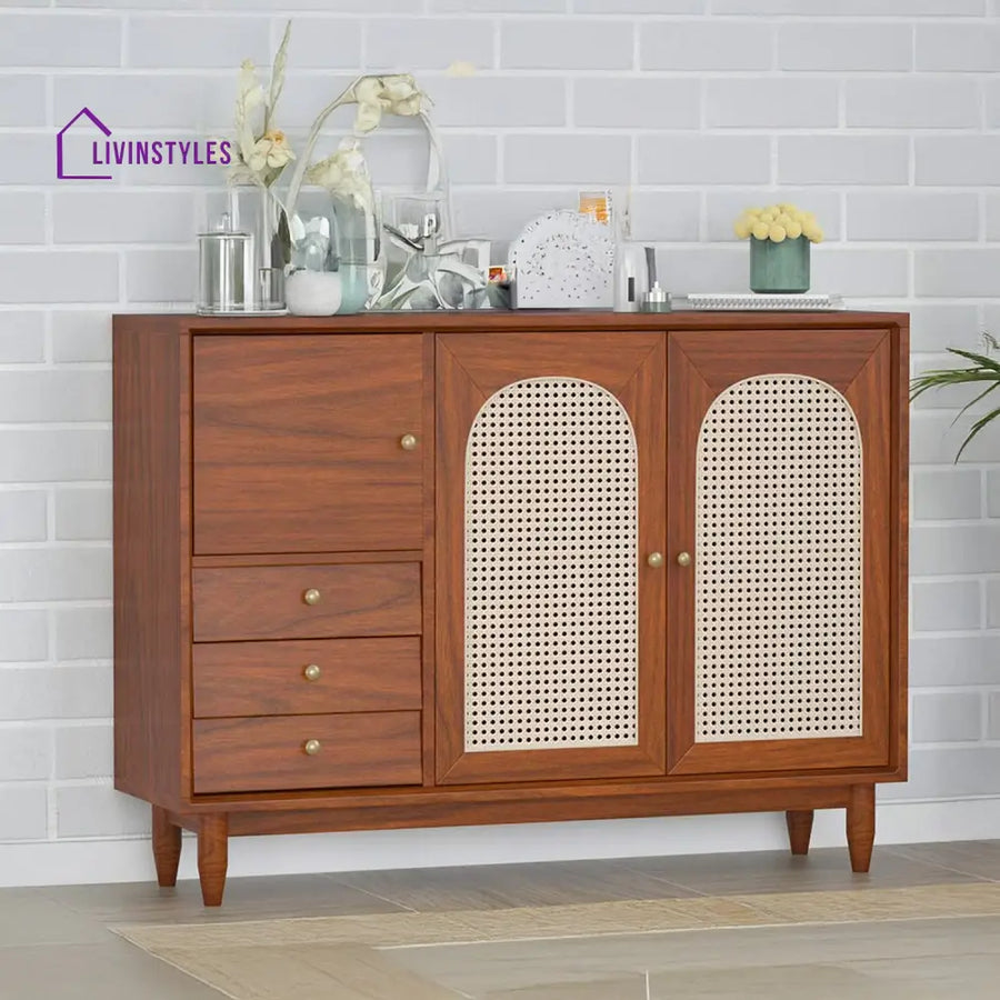 Taras Solid Wood Acacia Cane Cabinet and Sideboard (Honey Finish)